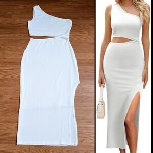 White Midi Rib Knit Dress Women's Sz Large Cutout Slit Bridal Bachelorette Party